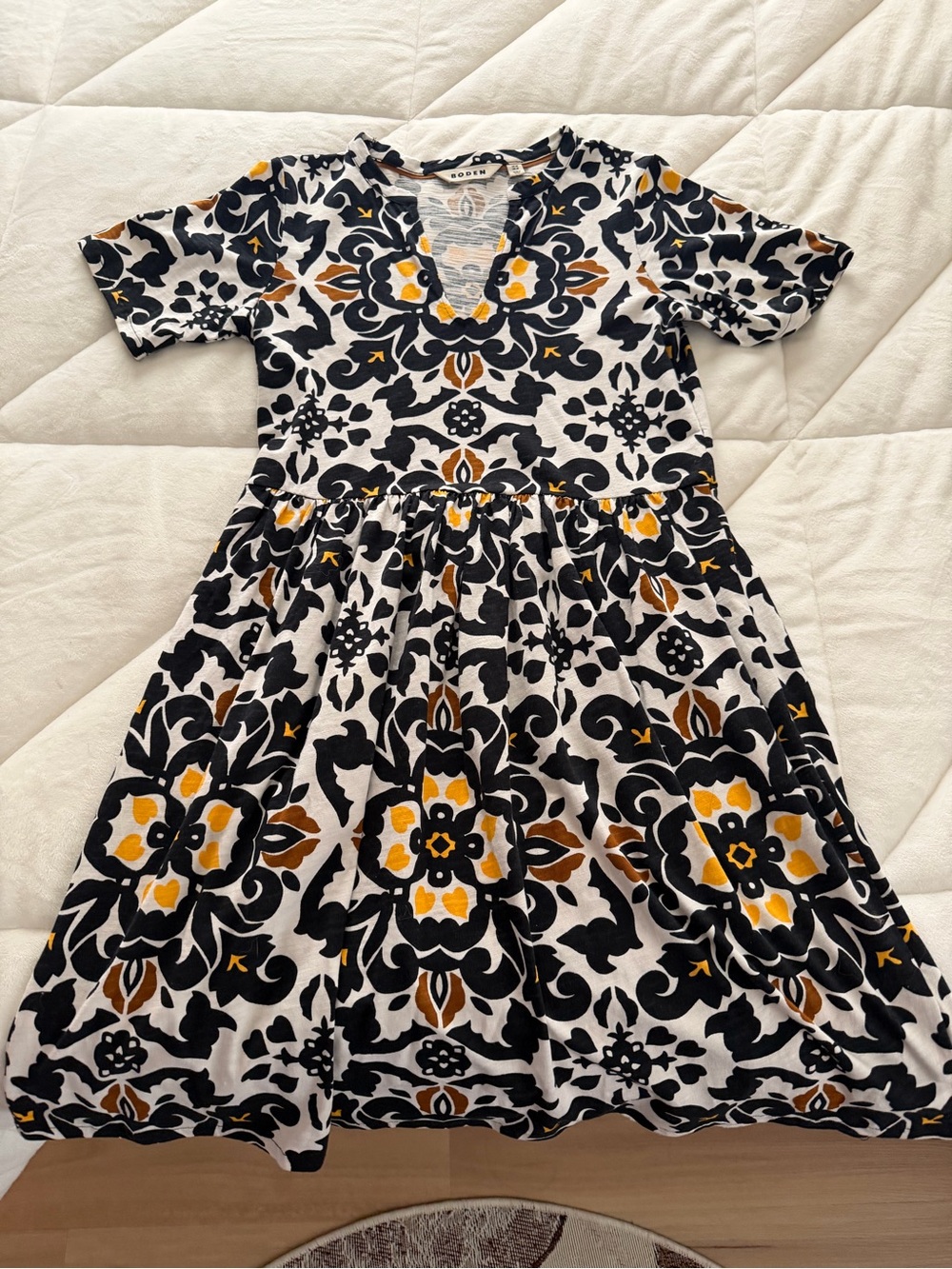 Floral Pattern Tee Dress in Black, White & Mustard